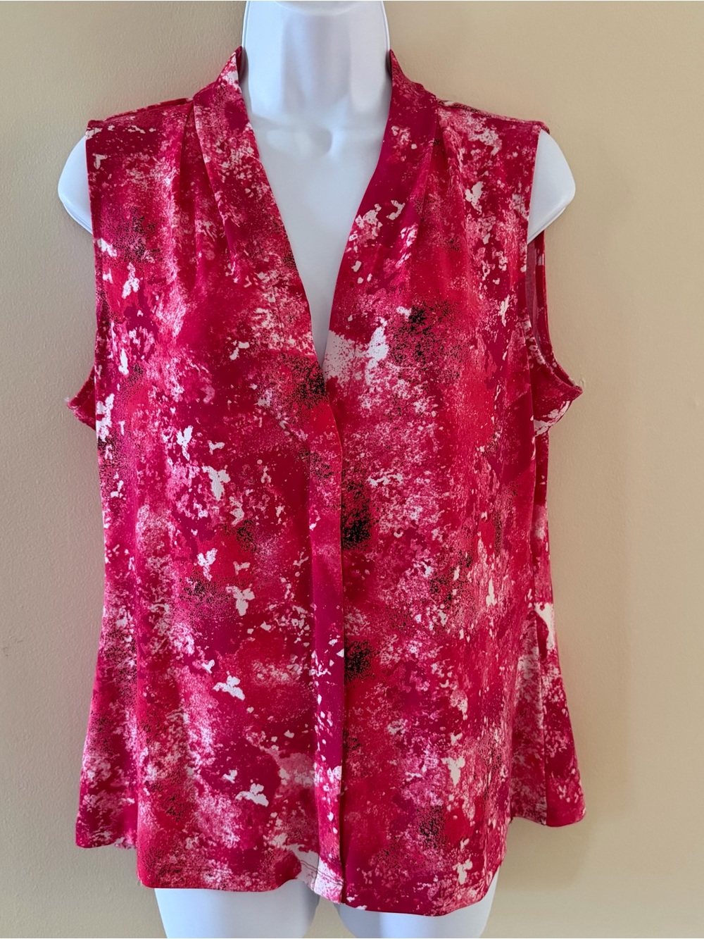 Calvin Klein L Sleeveless Top Pink White Abstract Print V-Neck Blouse Stretch